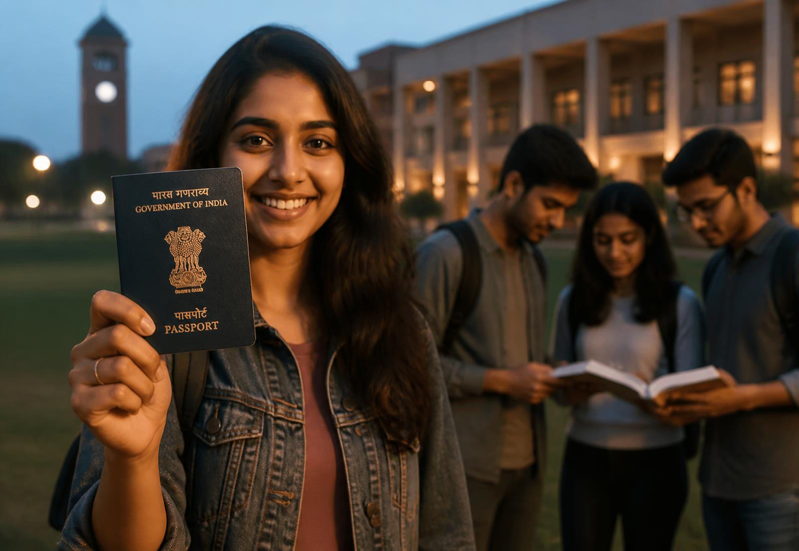 Indian students walking across an international university campus