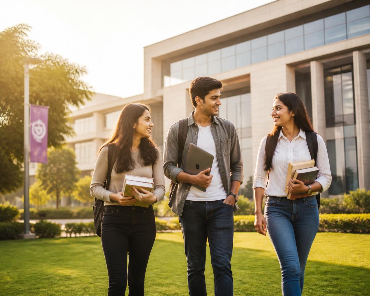 Indian students walking together on an international university campus